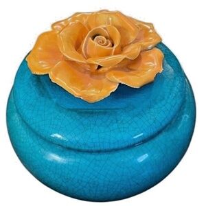Hand Painted Art Pottery Lidded Trinket Dish With Sculpted‎ Yellow Flowers